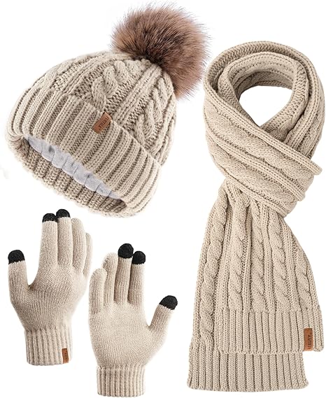 3-in-1 Women’s Winter Gift Set: Beanie Hat, Touchscreen Gloves, and Scarf – Fleece Wool