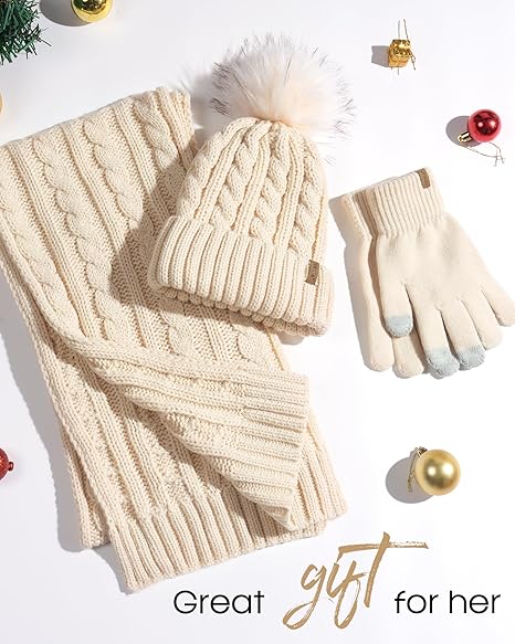 3-in-1 Women’s Winter Gift Set: Beanie Hat, Touchscreen Gloves, and Scarf – Fleece Wool