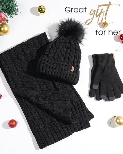3-in-1 Women’s Winter Gift Set: Beanie Hat, Touchscreen Gloves, and Scarf – Fleece Wool