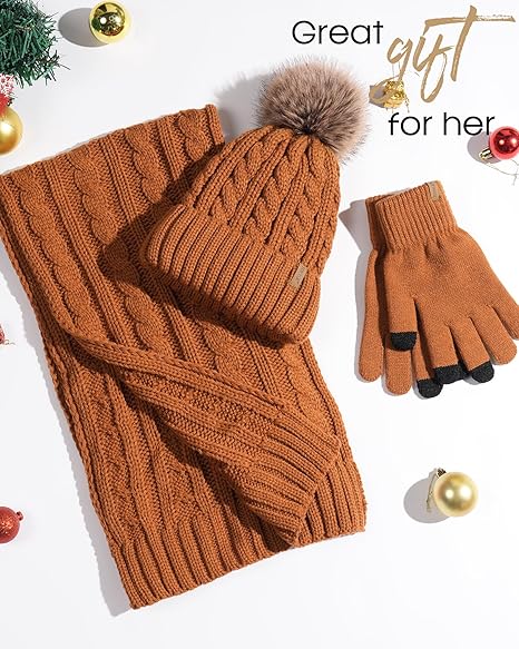 3-in-1 Women’s Winter Gift Set: Beanie Hat, Touchscreen Gloves, and Scarf – Fleece Wool