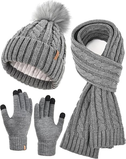 3-in-1 Women’s Winter Gift Set: Beanie Hat, Touchscreen Gloves, and Scarf – Fleece Wool